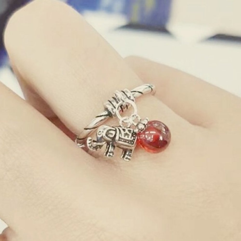 Elephant Charm Ring w/ Red Bead Silver Adjustable